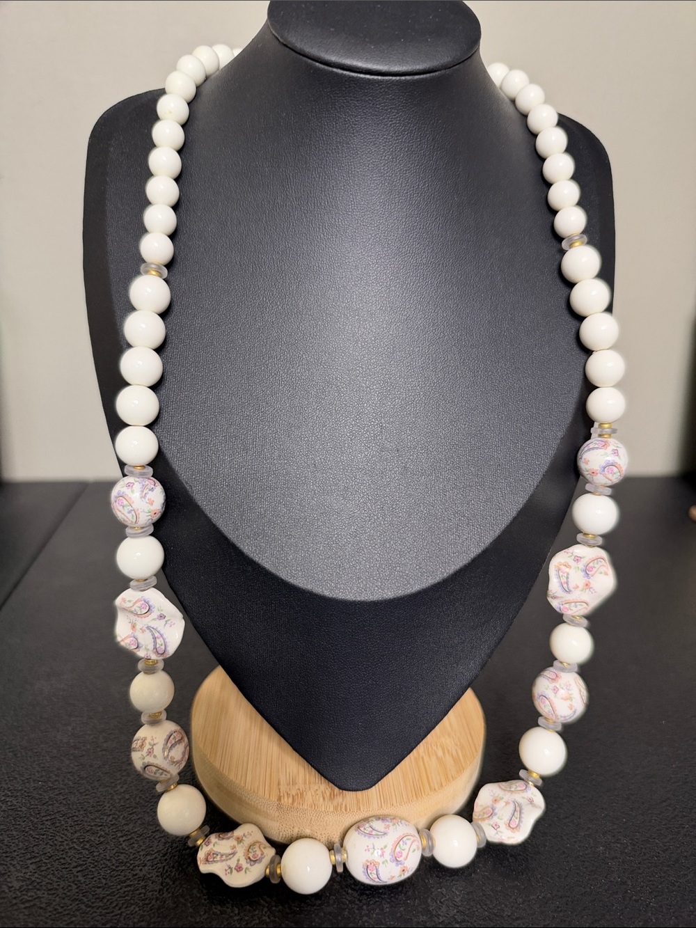 Signed Japan White Glass Ceramic Beaded Necklace Paisley Chunky Accent Beads